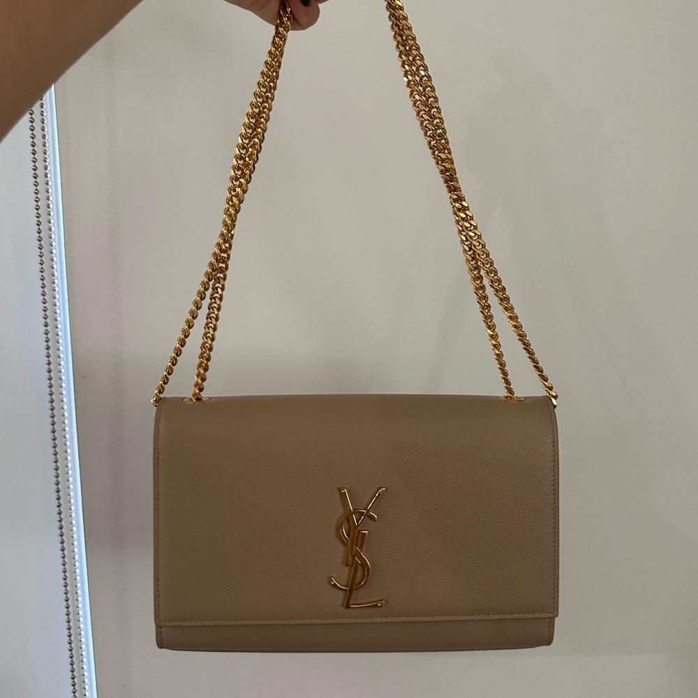 Yves Saint Laurent Beige Leather Shoulder Bag with Gold Chain